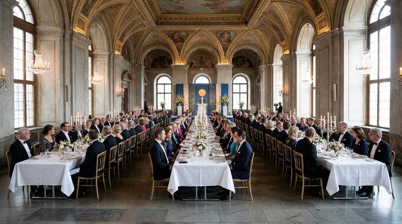 Grand banquet hall with arched ceilings and chandeliers. Long tables are set with white cloths, hosting people in
