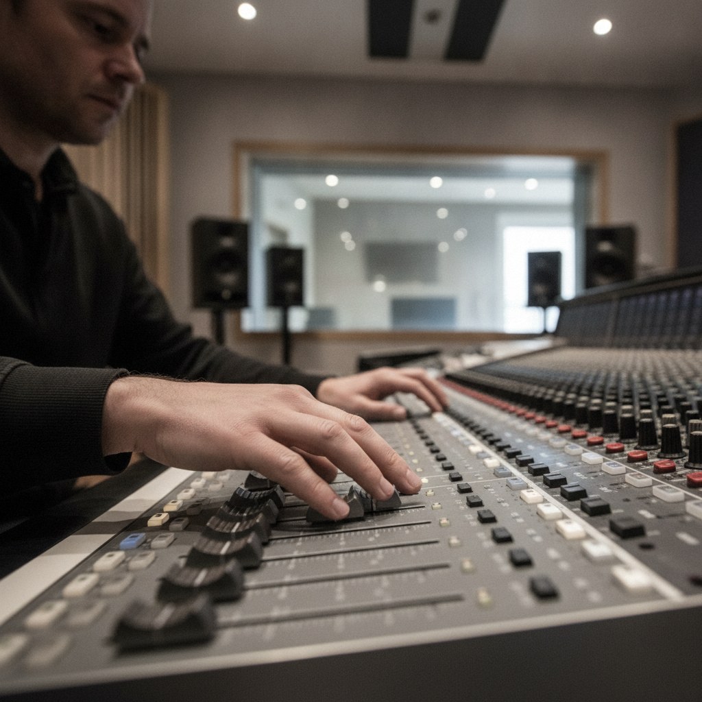 Process action shot of a record producer's hands actively sliding faders on a large professional audio mixing console