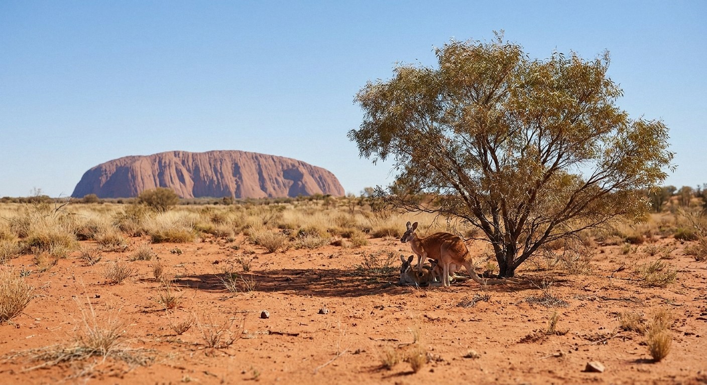 A wide sunlit view of a red desert landscape featuring a kangaroo resting under a eucalyptus tree, with a massive