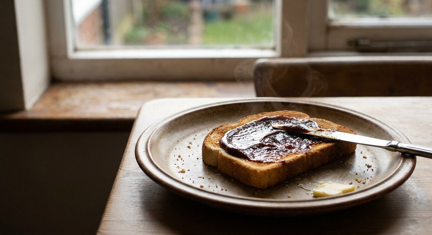 Extreme close-up object detail of a slice of warm golden toast being covered with a thick, dark yeast extract spread