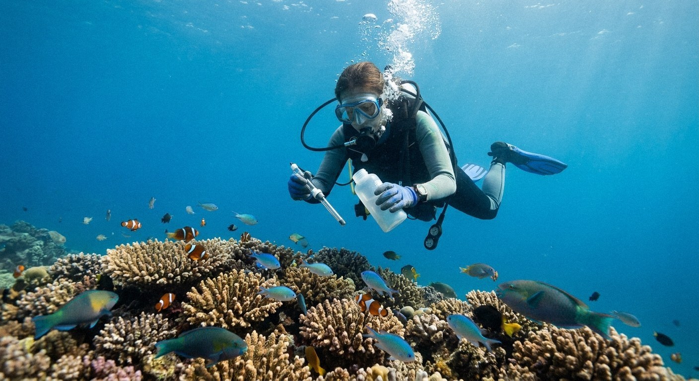 A scuba diver floats above a coral reef, holding a white bottle and a metallic tool. Various fish, including clownfish